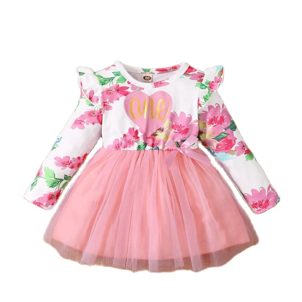 0-24M Baby Girl Dress Newborn Baby Girl Outfit Princess Dress Floral Long Sleeve Pull Mesh Dress + Headband Toddler Clothes Set