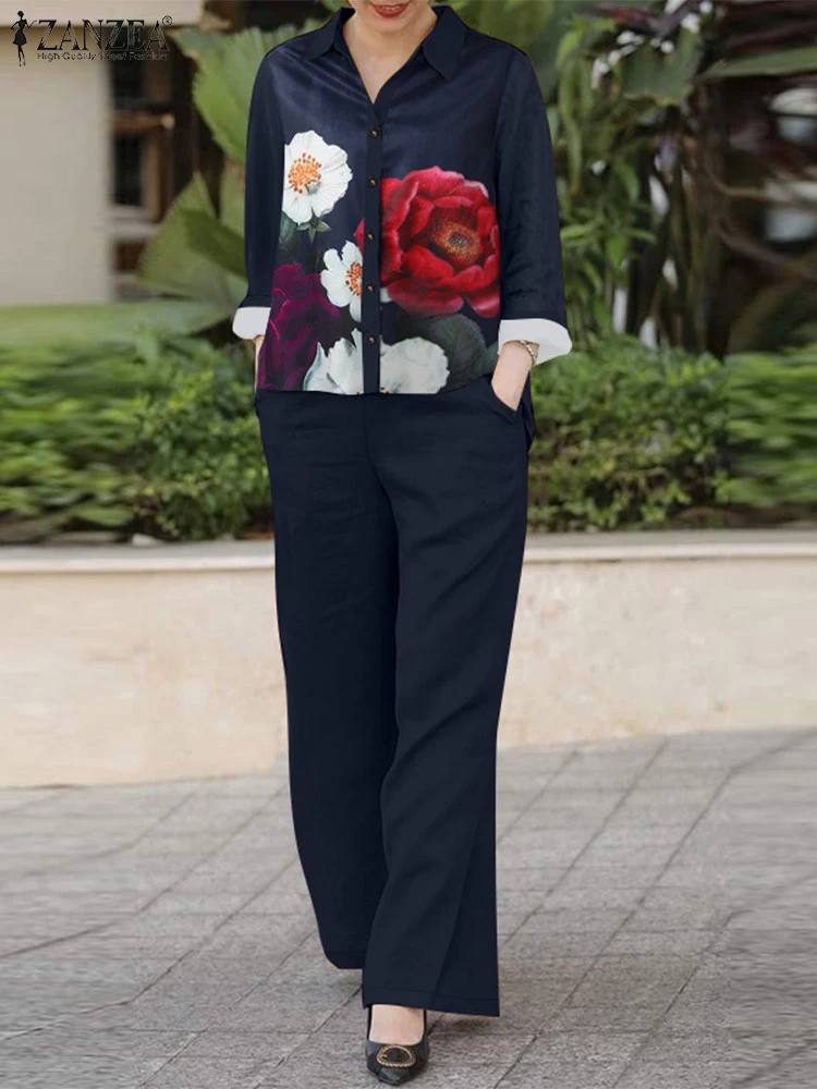 ZANZEA осенние модные женские комплекты из 2 предметов повседневные блузки с