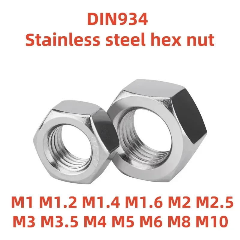 ZNYONG 5-50pcs DIN934 M1 M1.2 M1.4 M1.6 M2 M2.5 M3 M4 M5 M6 M8 m10 m12 304 A2-70 stainless steel Hex nut