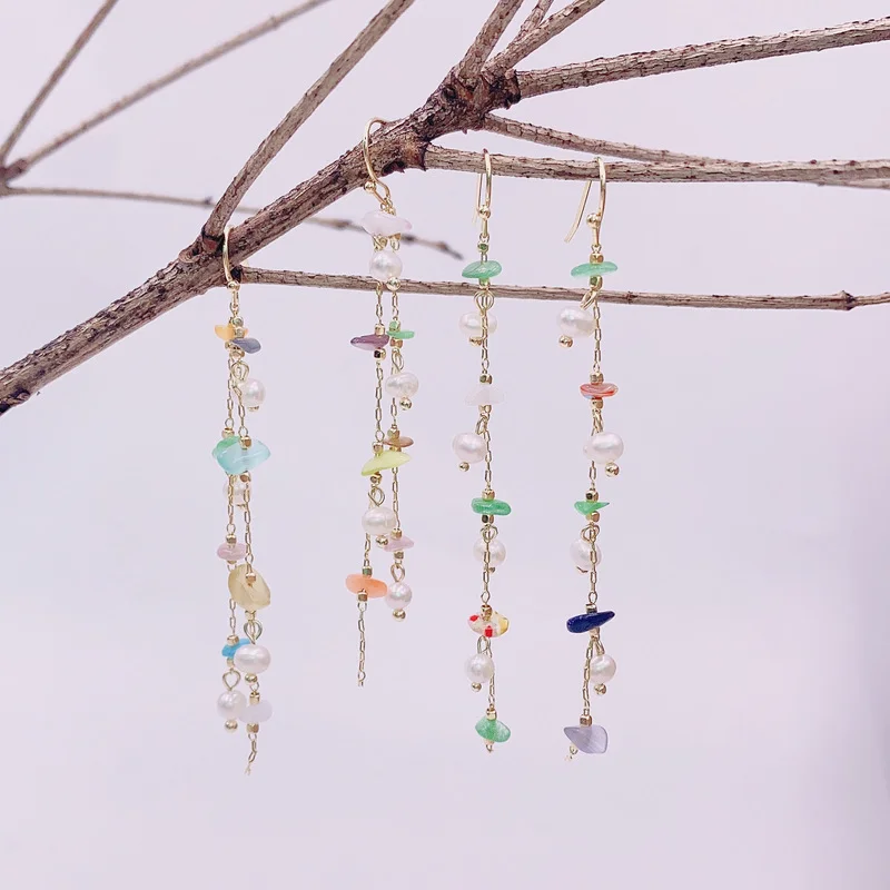 

Minar Faity Multicolor Transparent Irregular Stone Long Dangle Earrings for Women Thin Chain Baroque Pearls Hanging Earring Gift