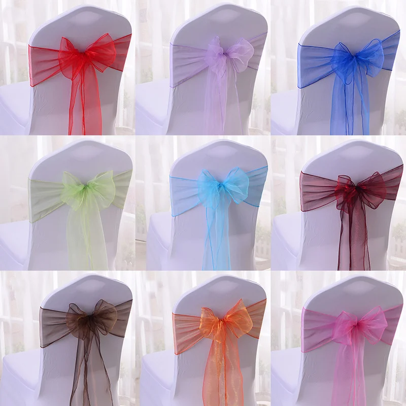 

Free Shipping 25pcs/Set Organza Chair Sashes Event Party Wedding Chairs Knot Decoration Chair Bows Banquet Supplies Multicolor