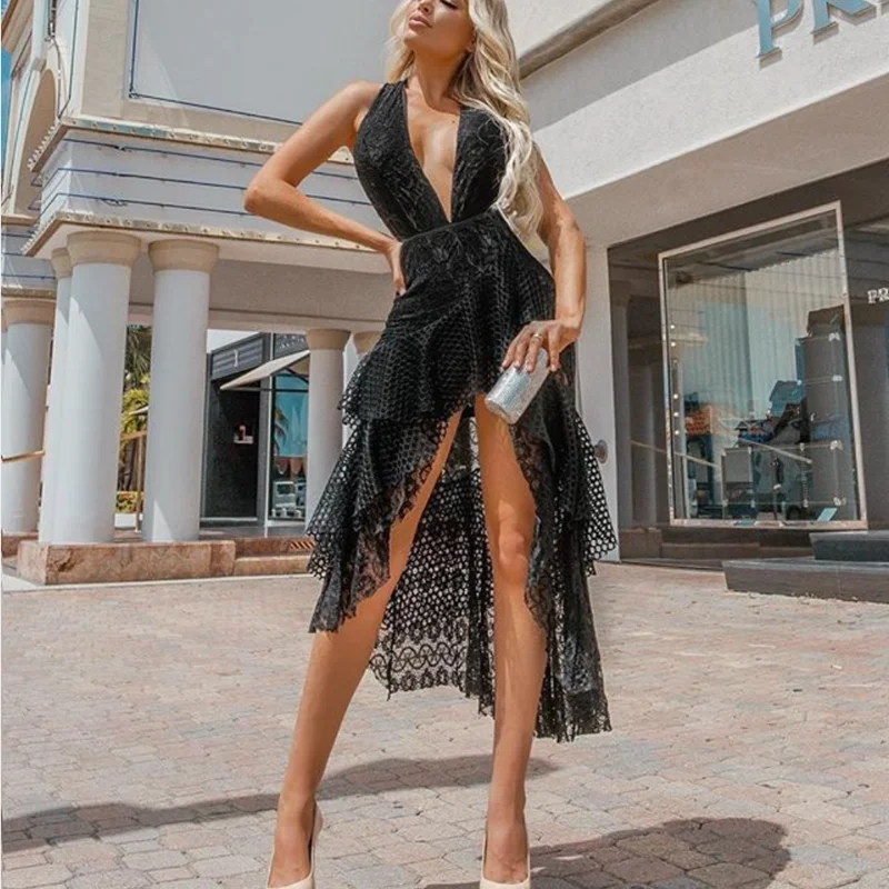 

Midi Dress Deep V-neck Backless Party Dresses Slit Multilayer Casual Robe Female Autumn Winter Vestido