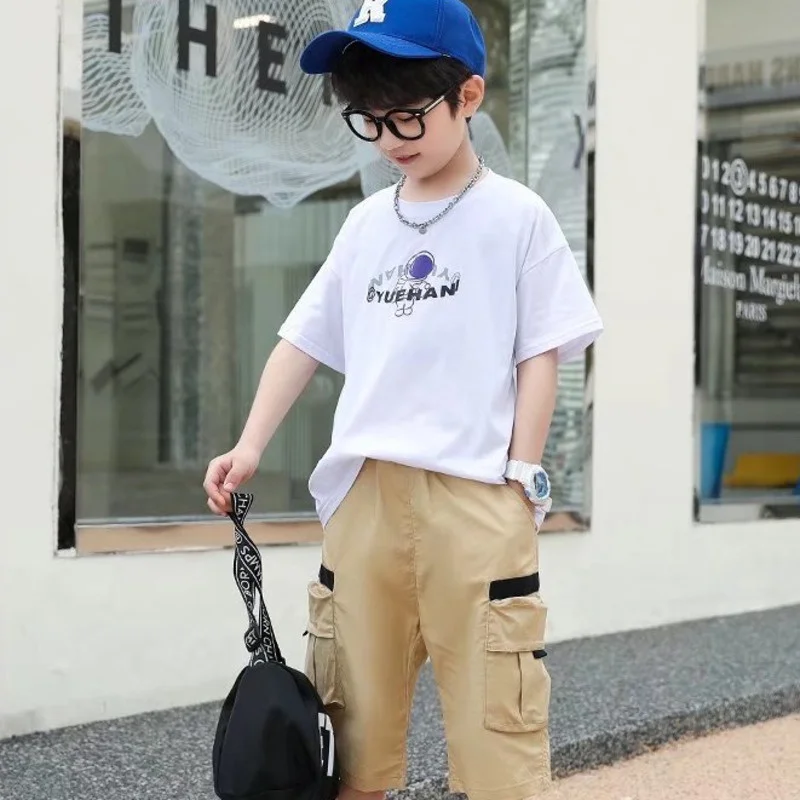 Children's Round Neck New Temperament Summer T-shirt Five-point Sleeve Simple Trend All-match Korean Style Children's Clothing
