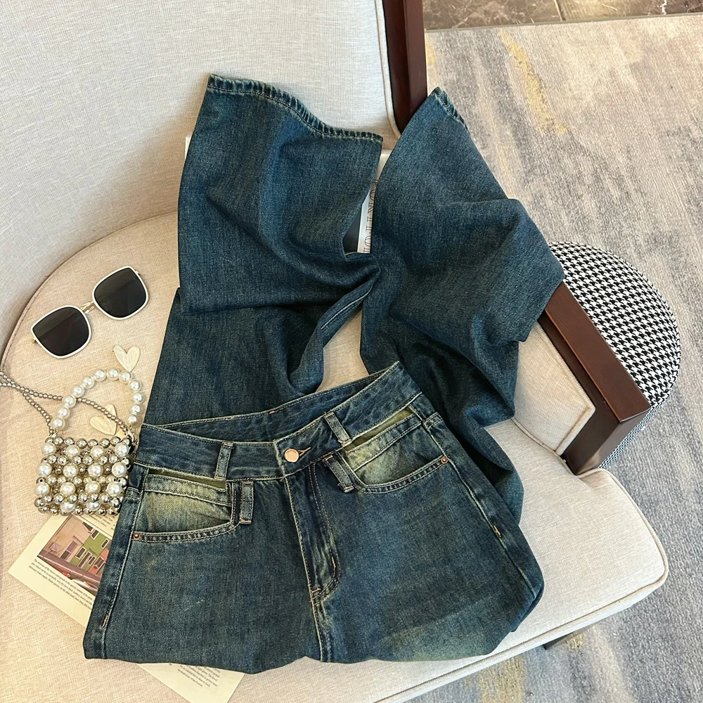 

Синие женские джинсовые брюки в стиле ретро с высокой талией и широкими штанинами, новинка весны-осени, шикарные женские прямые состаренные джинсы в уличном стиле