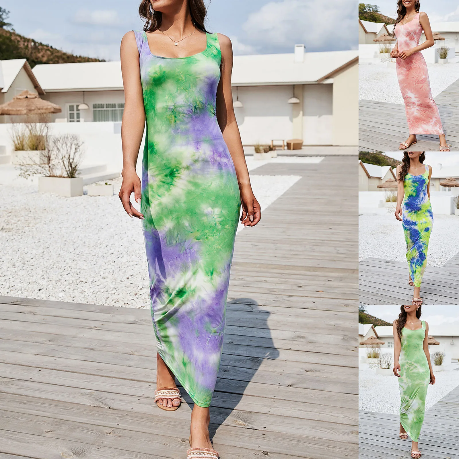 

Ladies Temperament Beach Long Dress Summer Women Leisure Style Tie-dye Mixed Color U-neck Sleeveless Stretchy Slim Skirt