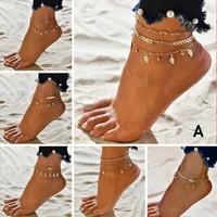 multilayer gold boho anklets for women metal crystal retro anklet leaves tassel star moon leg chains on the ankle summer jewelry