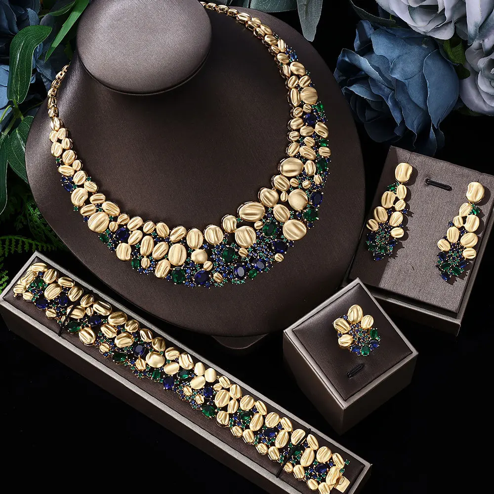 

Fashion Gorgeous Gold Color Jewelry Sets Bridal Wedding Necklace Cubic Zirconia Party Costume Dubai Arabic Luxury Accessories