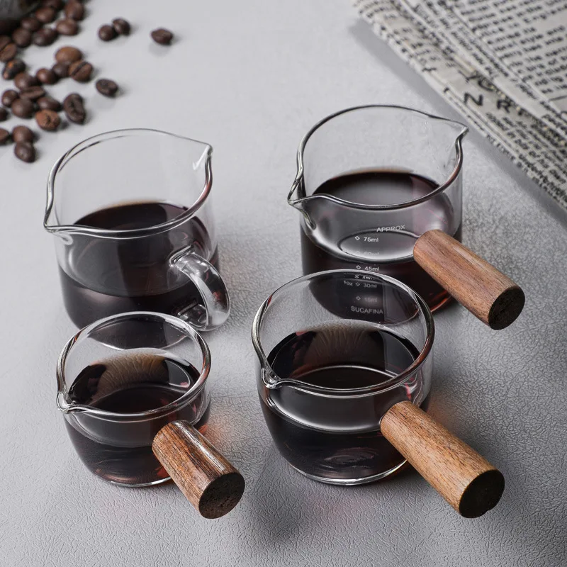 

50/75/100ml Wood Handle Glass Espresso Measuring Cup Double/Single Mouth Milk Jug Coffee Supplies Clear Kitchen Measure Mug