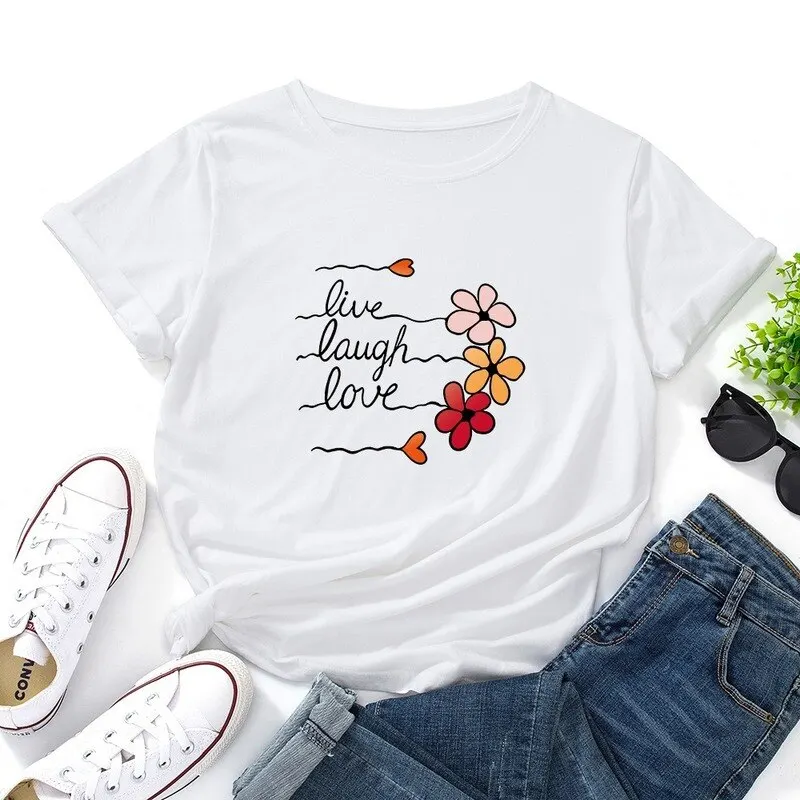

Summer Cotton Women T Shirts Fashion Cute Love Flowers Print Short Sleeve Graphic Tee Tops Casual Round Neck Female TShirts