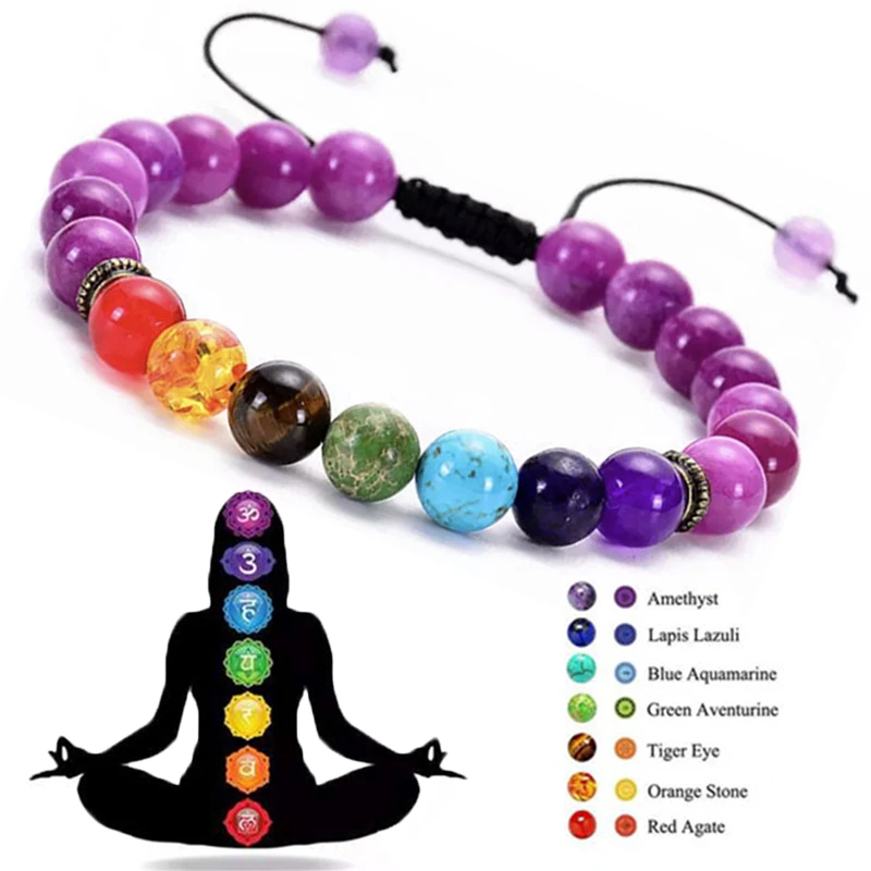 

Women's 7 Chakra Natural Stone Bracelet Reiki Healing Energy Bead Bracelets Men Tiger Eyes Seven Pulse Round Yoga Bangle Jewelry