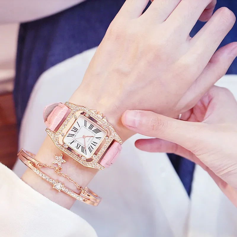 Diamond Watch Starry Square Dial Bracelet Watches Set Ladies Leather Band Quartz Wristwatch Female Clock Zegarek Damski