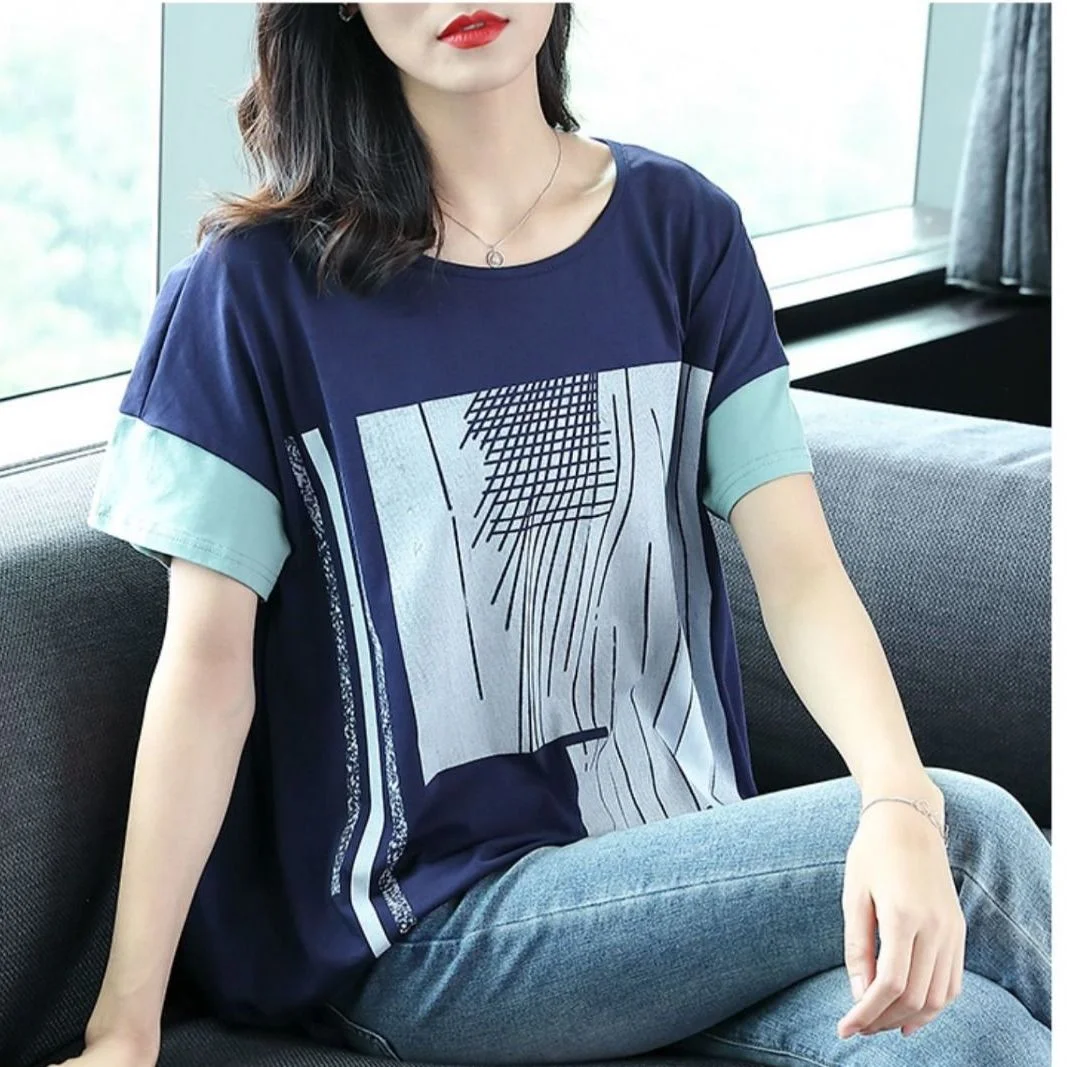 [Cotton] 2022 summer new women's fashion loose  T-shirt women's printed top  shirts  Tees   vintage clothes  Tops