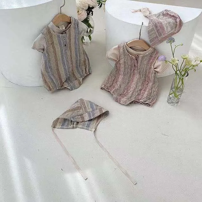 

2022 Newborn Baby Boys Girl Romper Vertical Stripes Sleeveless Newborn Romper Jumpsuit Summer Baby Outfits Clothing + Hat