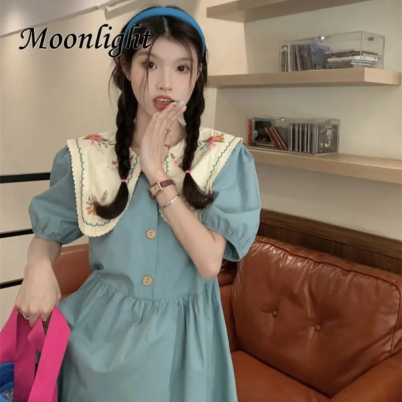 

Vintage Embroidery Vestido Women Summer Japanese Kawaii Peter Pan Collar Lolita Dresses Elegant High Waist Mori Girl Loose Dress