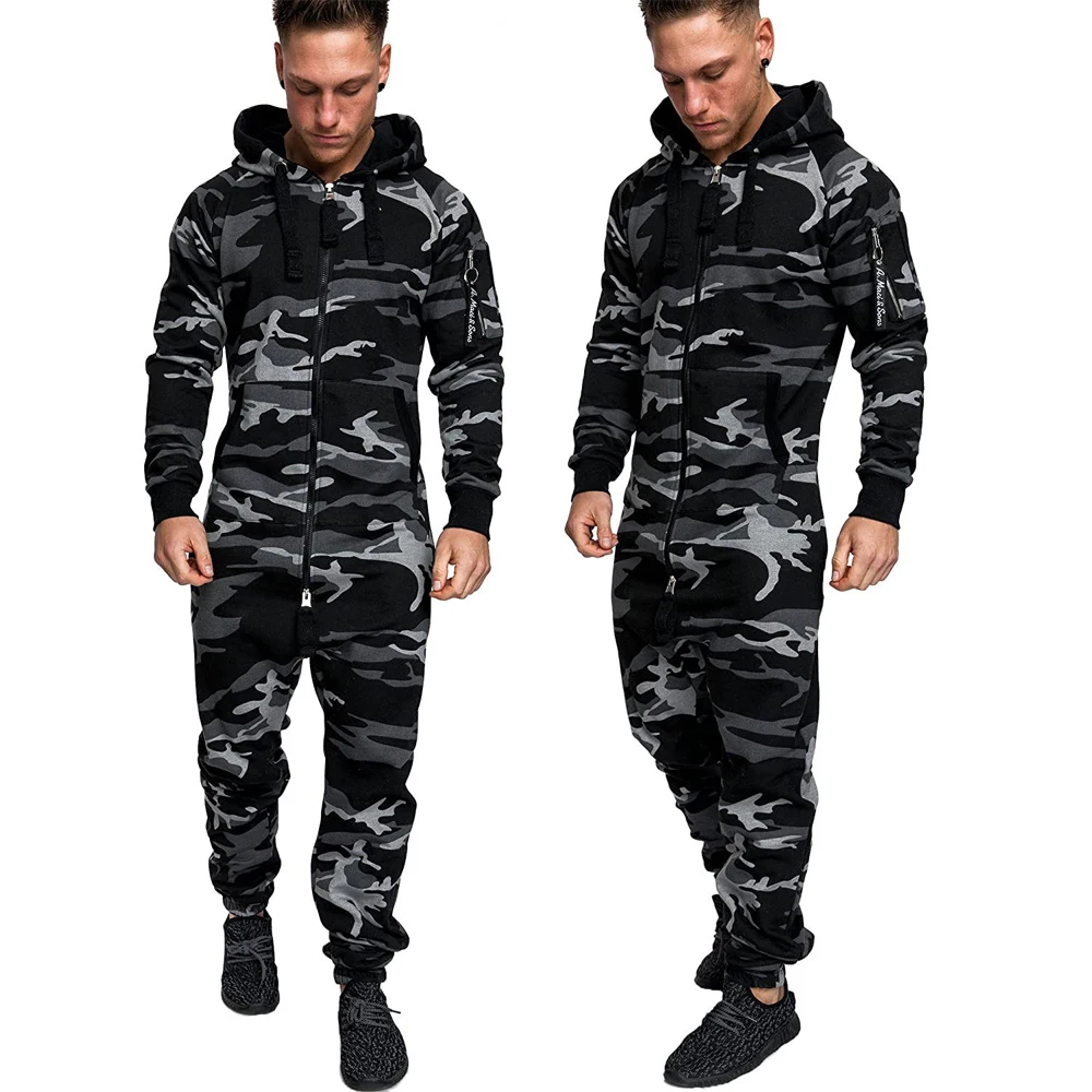 2022 Men's Hooded One-piece Fall Camouflage Long Sleeve Zipper Sleeve Fashion Fitting Casual Home Wear