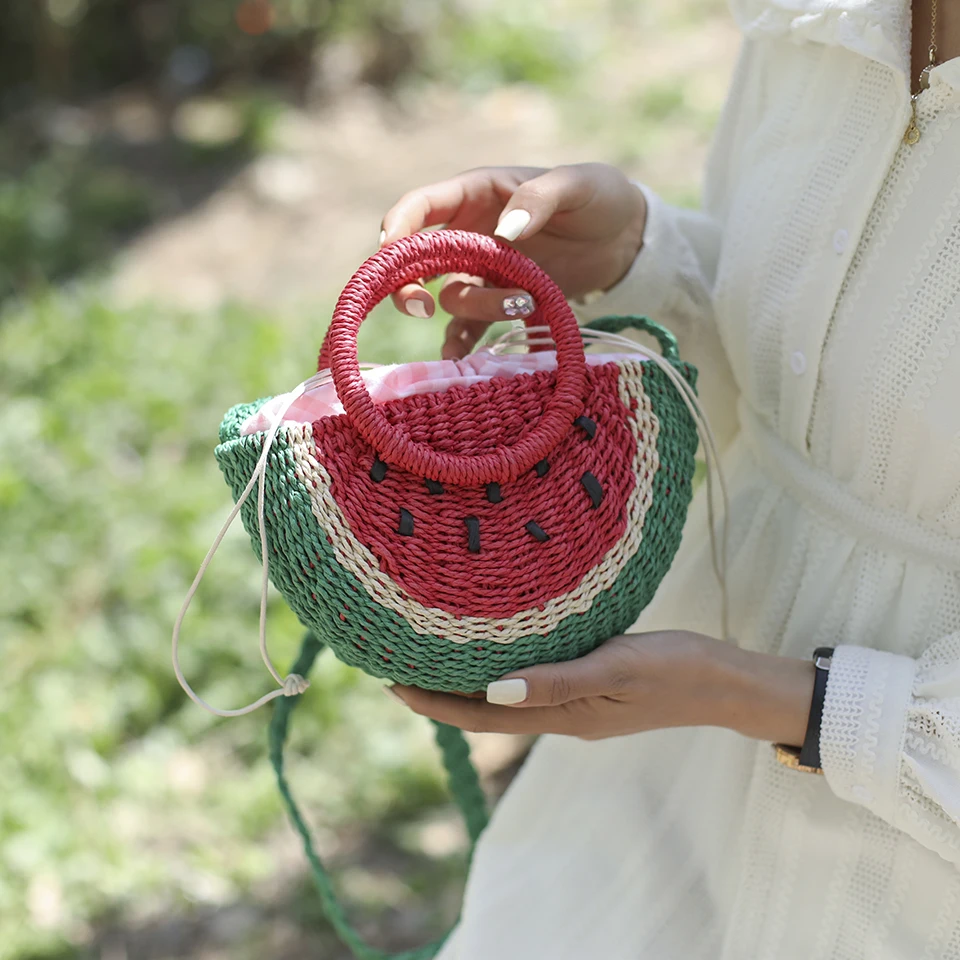 2022 Cute Watermelon Half Moon Shape Straw Handbag Summer Casual Bohemia Seaside Holiday Beach Bag Handmade Woven Crossbody Bag