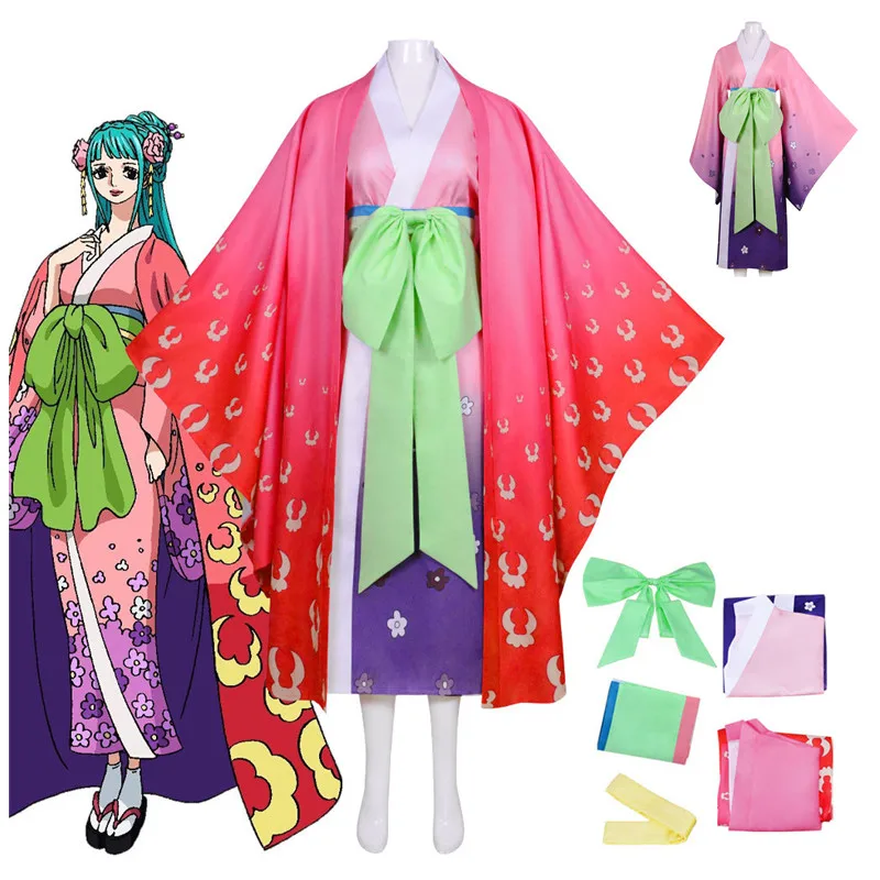 Anime ONE PIECE Kozuki Hiyori Costume Cosplay Kimono Halloween Carnival Ball Uniform Pink Print Suit Coat gonna Bow Belt