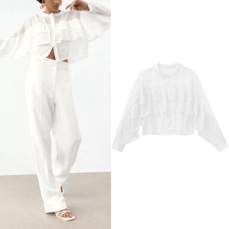

2022 Spring Women Fashion White Layered Ruffled Shirt Versatile Long Sleeve Single-breasted O Neck Female Short Shirt HH6622