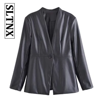 sltnx women office chic single button blazer womens pu leather vintage coat long sleeve v neck ladies suit outerwear tops