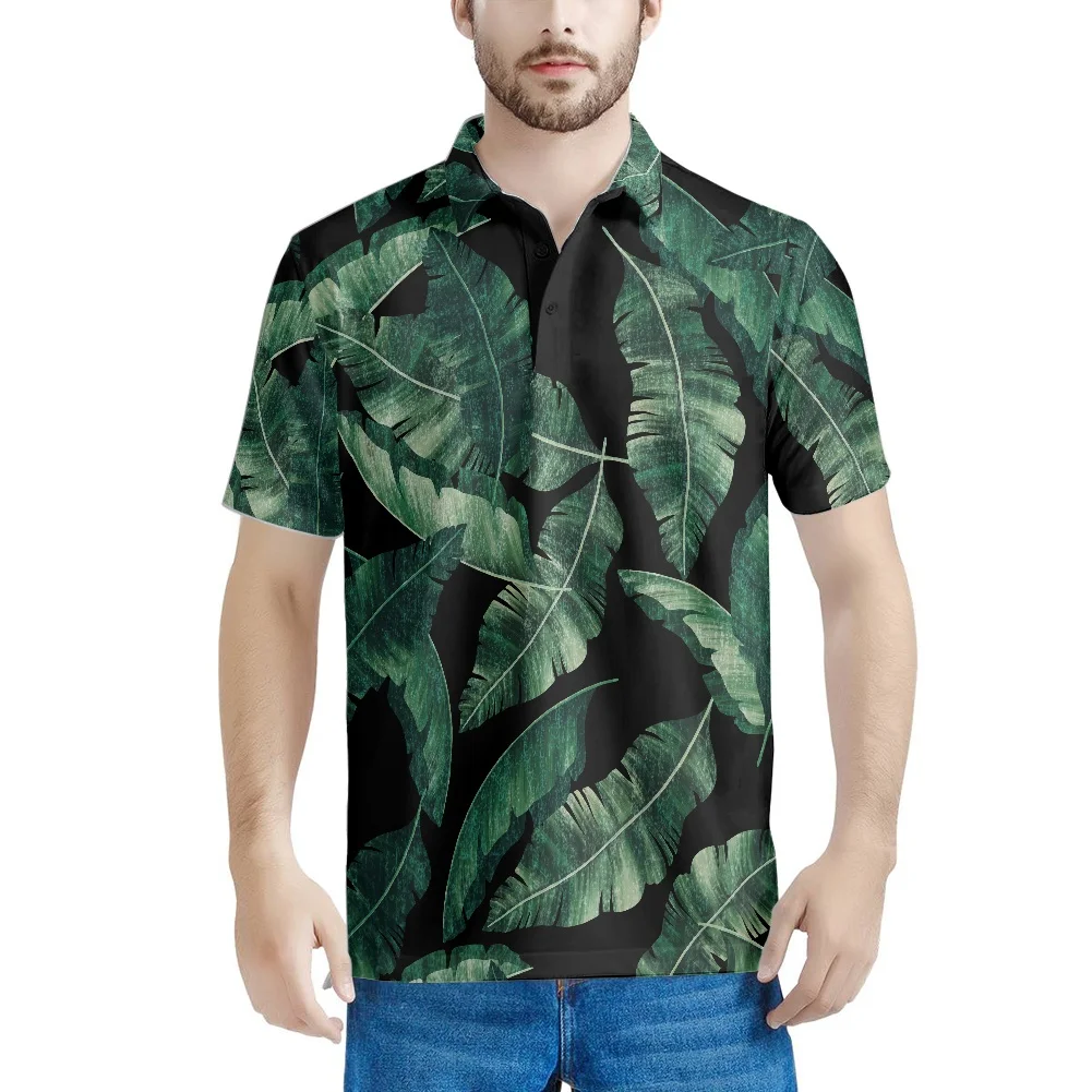 

Рубашка-поло мужская с воротником-стойкой, приталенная дышащая повседневная одежда с принтом банановых листьев, на пуговицах, лето