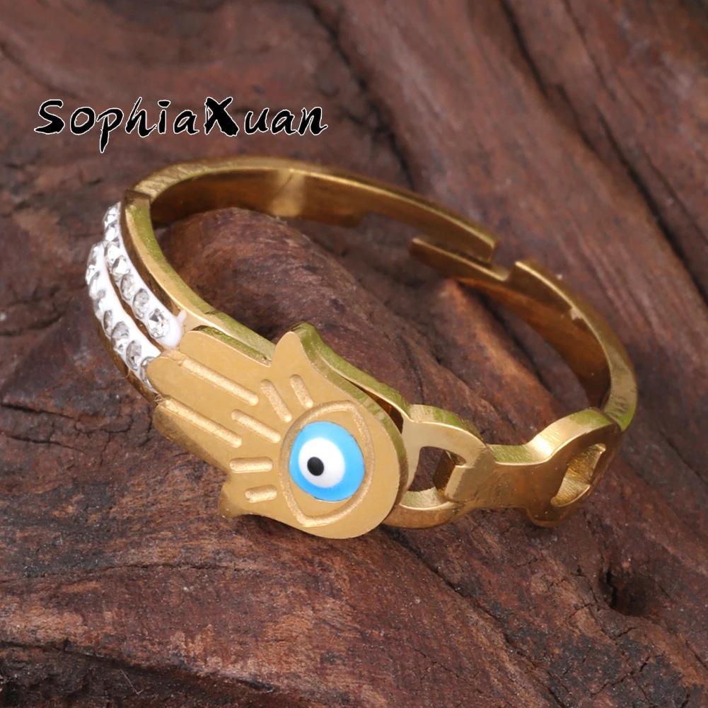 

SophiaXuan 2023 Cute Palm Eye Pattern Ring Stainless Steel Gold Color Birthday Gift Rings Trendy Inlaid Zircon Ring for Women