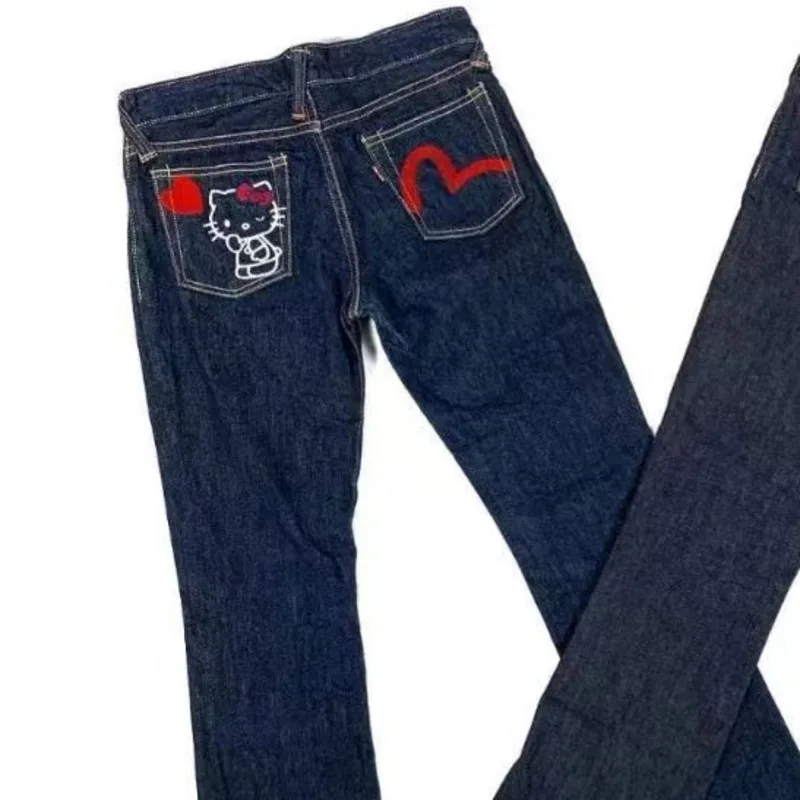 Новинка 2024 джинсовые брюки Hello Kitty Y2k милые винтажные с широкими штанинами в стиле