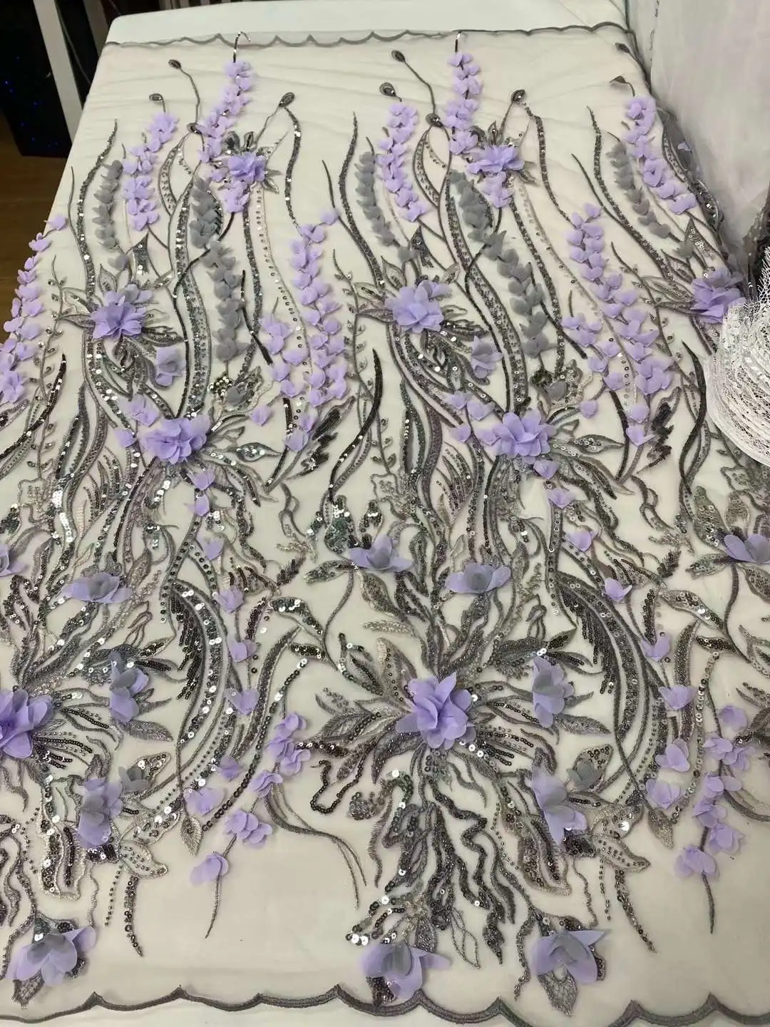 

African High Quality Lace Fabric 2022 3D Flower French Net Sequins Fabric Sewing Embroidered Lace in Tulle Nigeria Fabric 5Yards