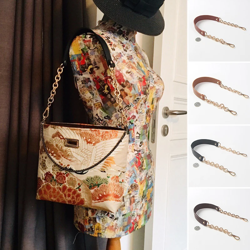 

56.5cm Replacement Shoulder Crossbody Bag Strap PU Leather Handle With Gold Silver Metal Chains Messenger Chain Bag Belt