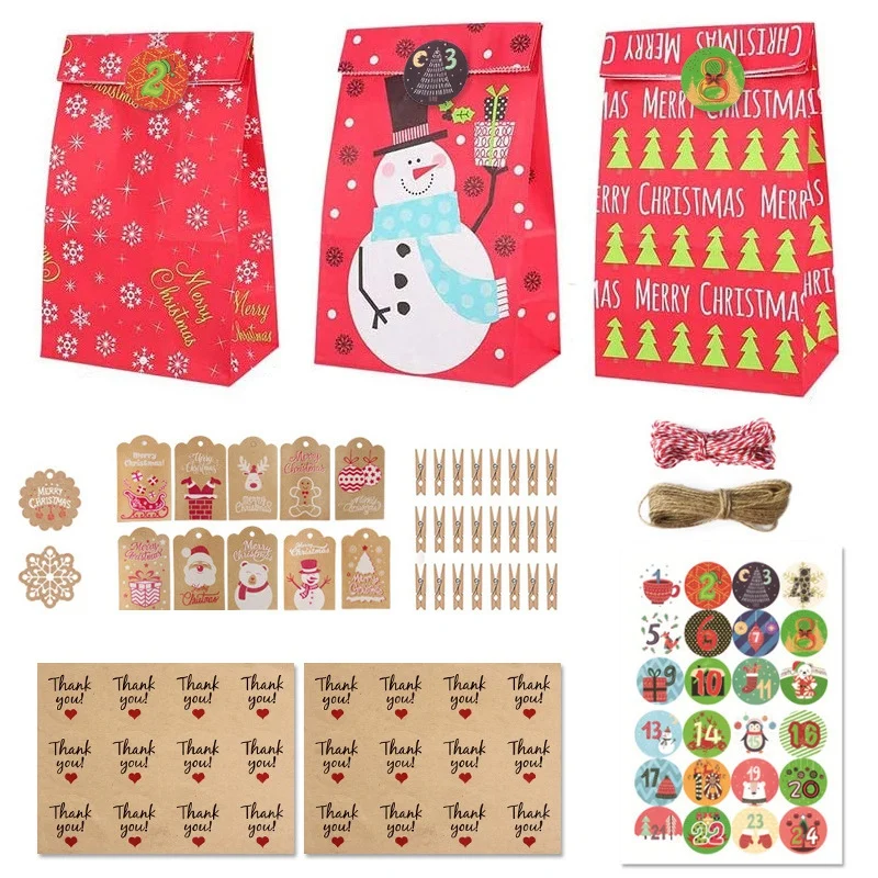 

24 Set Christmas Advent Calendar Bags 24 Days DIY Countdown Calendar Christmas Bags Candy Gift Bags Xmas Cookie Bags