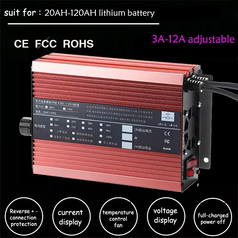 

Lifepo4 Lithium Battery Charger Curren Adjust 2A 5A 10A 12A Fast Charge ebike 72V 60V 67.2V 84V Li-ion LiPo 48V 12S 16S 20S 24S
