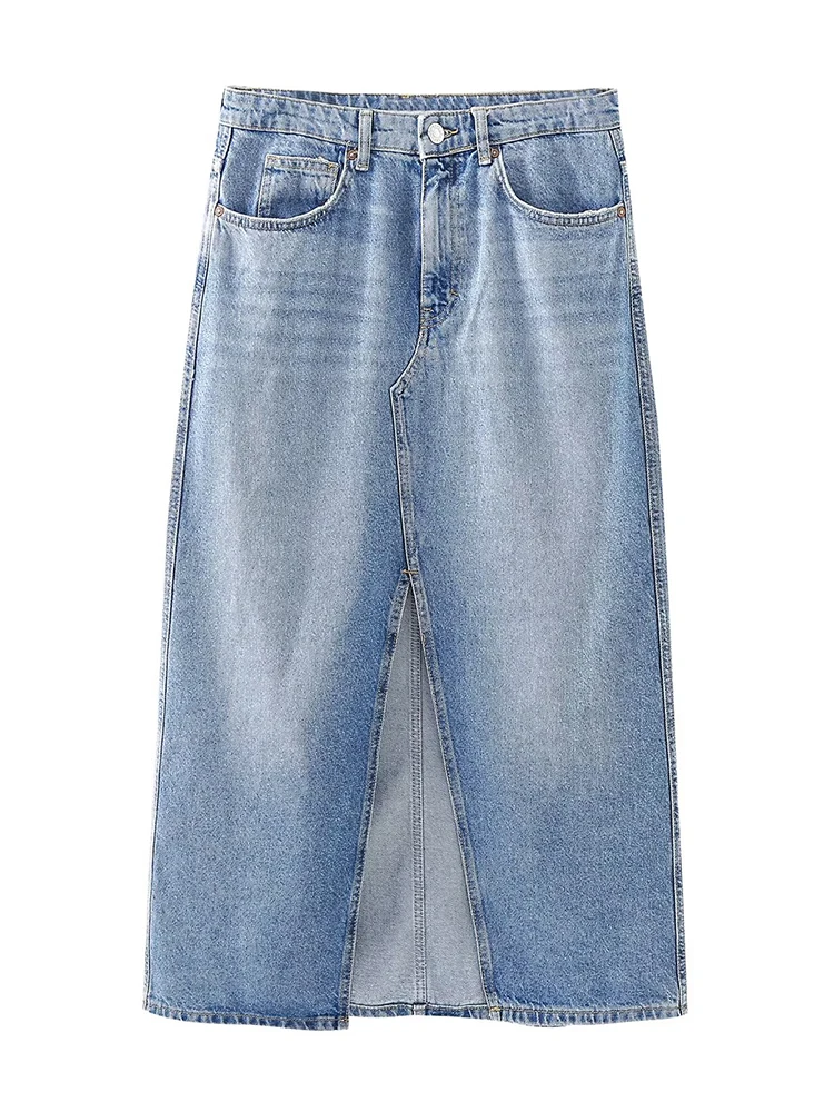 

YENKYE Women Fashion Front Split Straight Denim Skirt Vintage High Waist Female Chic Pocket Zipper Fly Casual Midi Faldas Mujer