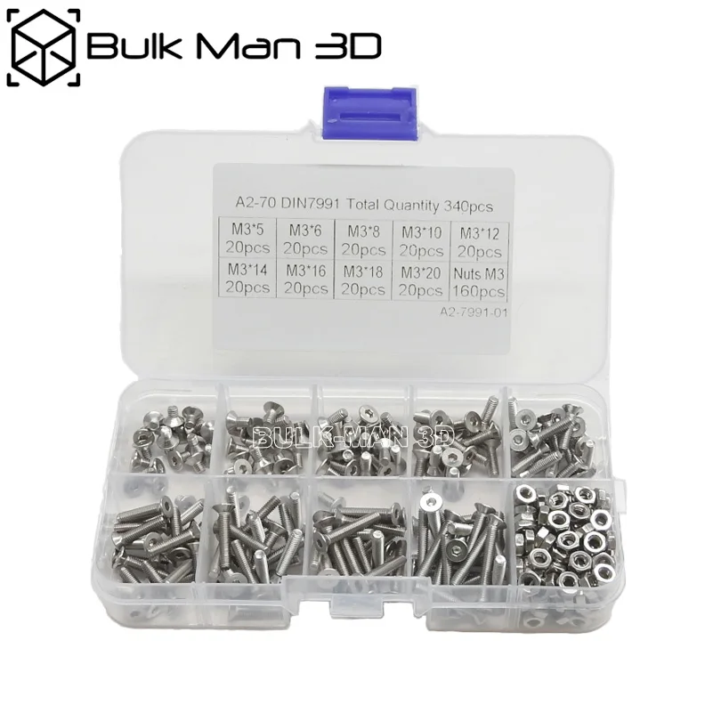 

340pcs/set M3 SS304 Stainless Steel A2-70 DIN7991 Countersunk Hex Socket Cap Head Screws Nuts Bolt Assortment Kit