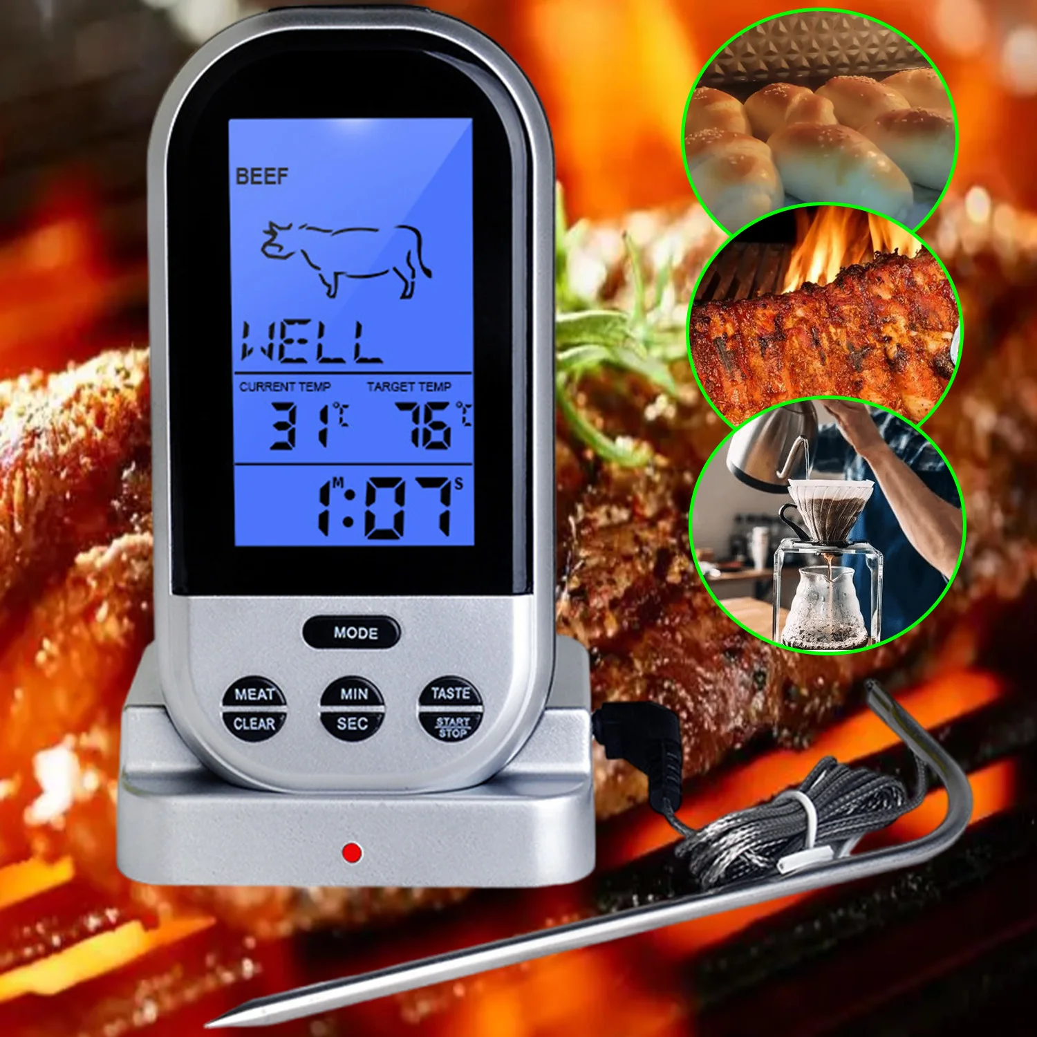 

Food Thermometer,Digital Probe Temperature,Alarm Instant Read Thermometer for Kitchen Cooking Milk Coffee Barbecue Toast
