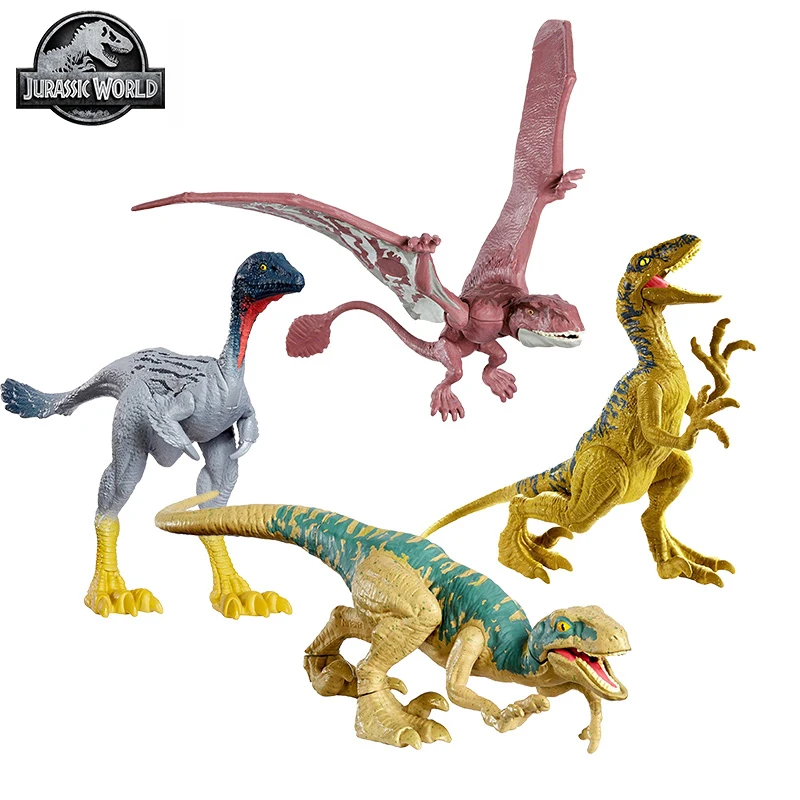 Mattel Jurassic World 2-Mini dinosaurio de juguete para niños, Velociraptor, Pterodáctilo, doble articulación móvil