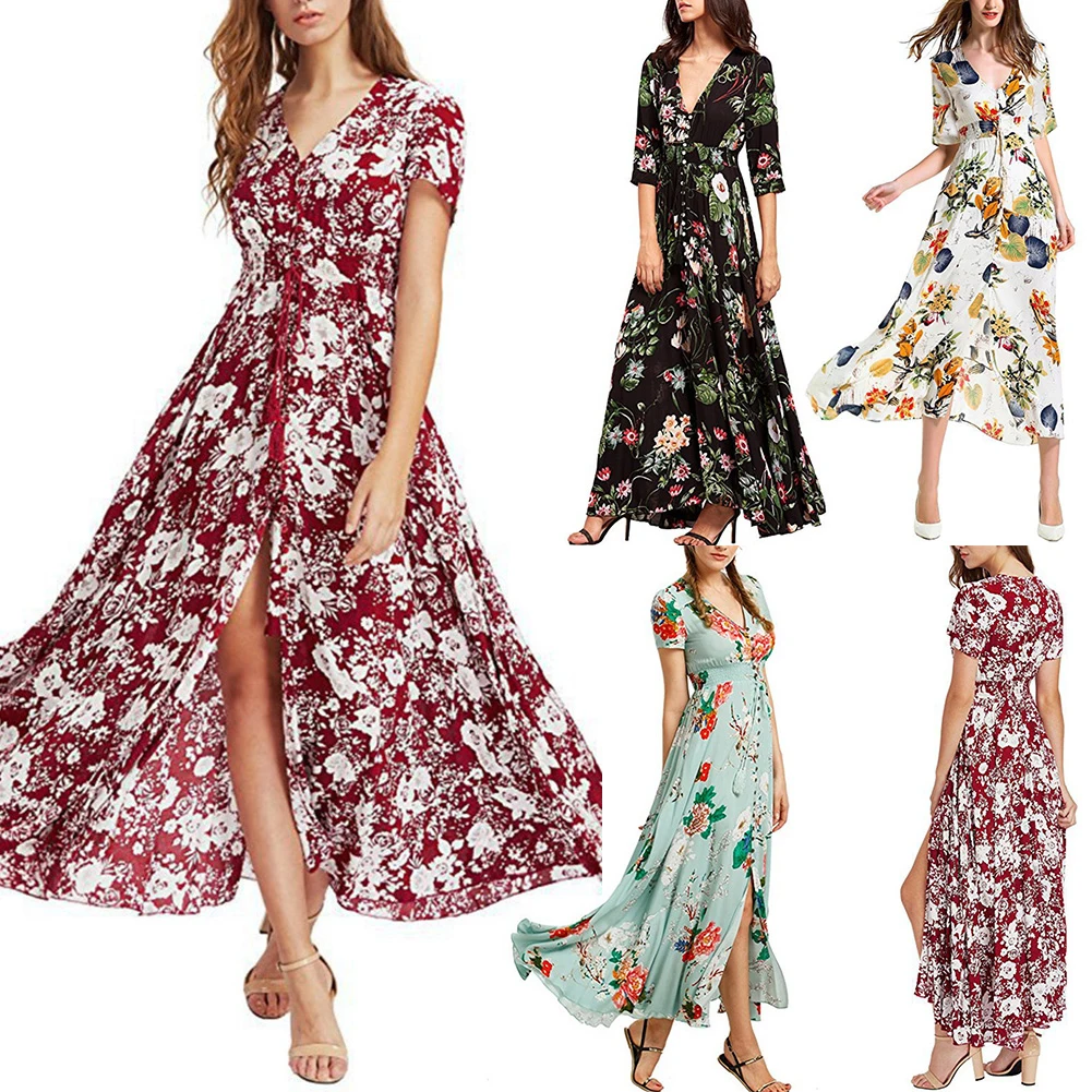 

Women Bohemia V-neck Lantern Sleeve Floral Print Ethnic Autumn Beach Boho Long Dress Retro Hippie Vestidos Boho Dress