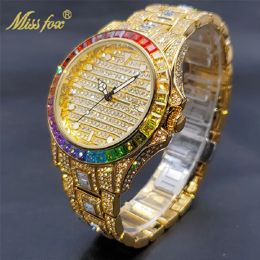 

Rel��gio MISSFOX Iced Out Golden Watches For Men Rainbow Diamond Hip Hop Fashion Luxury Men's Automatic Calendar Watch Gift