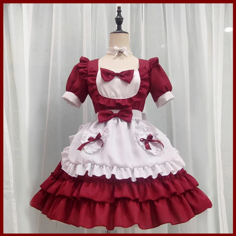 

Mandylandy Japanese Lolita Maid Dress Red Maid Costume Big Swing Bow Tie Dress Role-Playing Maid Outfit Secondary Maid Costume