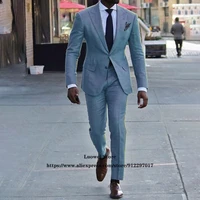 light blue mens suits slim fit 2 piece jacket pants set african groom wedding peaked lapel tuxedo formal business costume homme