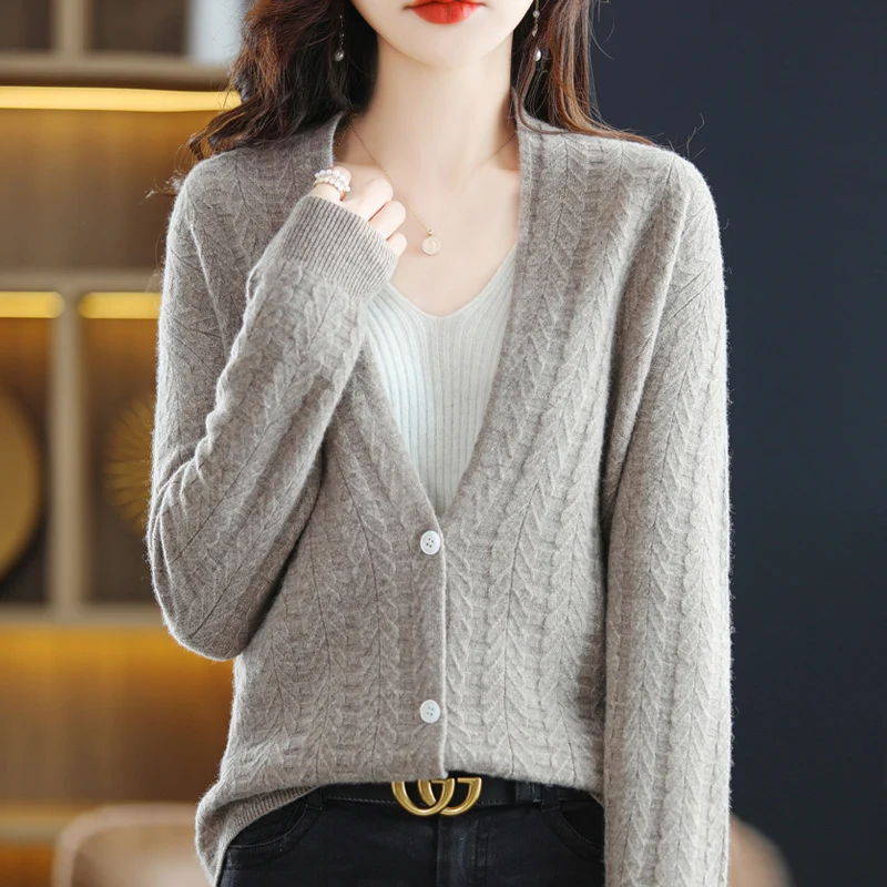 Cashmere Cardigan Women's 100% Pure Wool V-neck Sweater Jacket 2022 Spring and Autumn New Thin Loose Knitted Outer Wear Tops