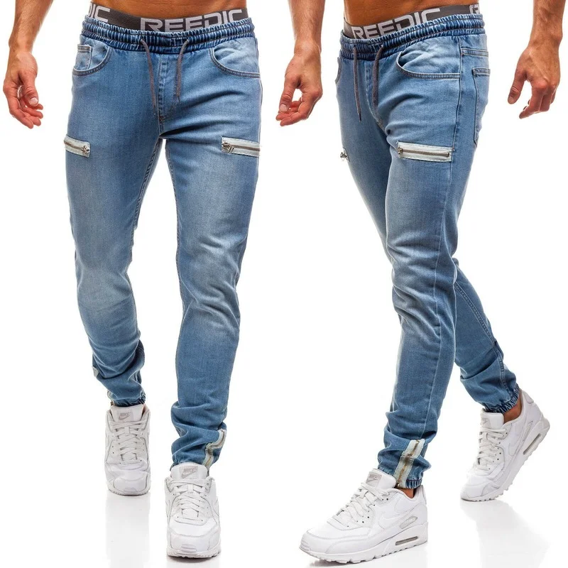Men Jeans Spring and Summer Solid Color Slim-Fit Zipper Sports Jeans Men's Casual Lace-up Mid-Waist Denim Pencil Pants Trousers