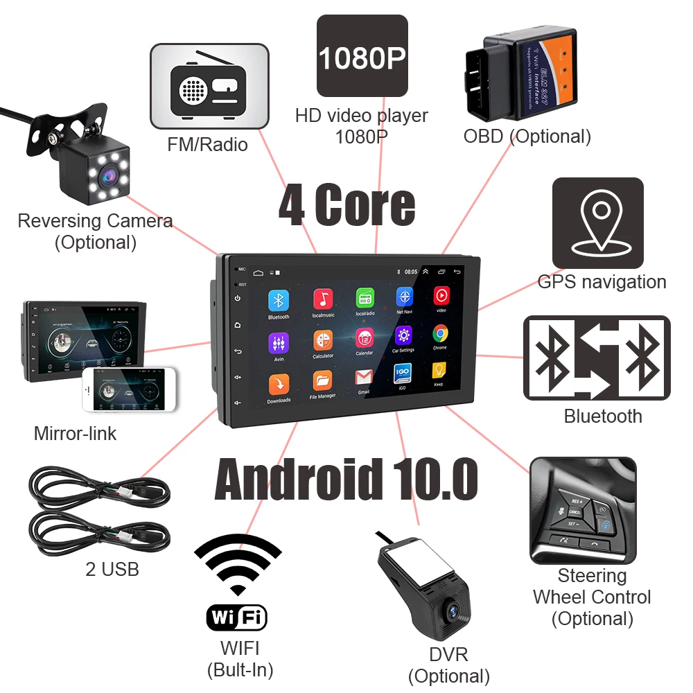 2 Din 1+16GB GPS Navigation MP5 Video Player 7/8/9/10 Inch HD Touch Screen FM Audio Car Radio Android 10.0 Bluetooth WiFi - купить по