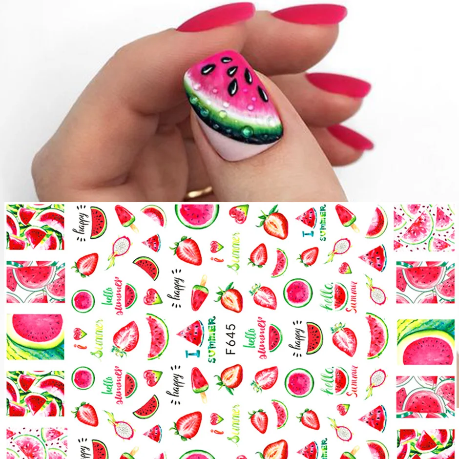 

1PCS Nail Fruit Stickers Avocado Watermelon Kiwi Water Transfer Decal Abstract Line Design Spring Summer Slider Decoration
