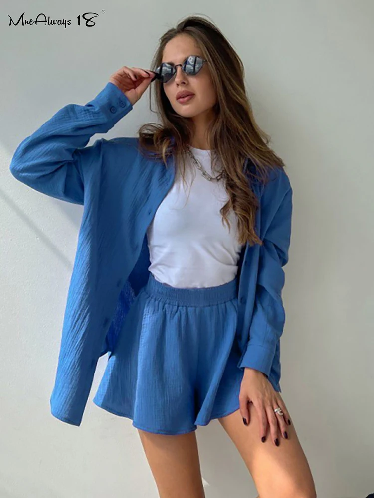 

Женские комплекты из 2 предметов Mnealways18 из синего хлопка, осенние шорты с длинным рукавом, топы, повседневная одежда, шорты с широкими штанин...