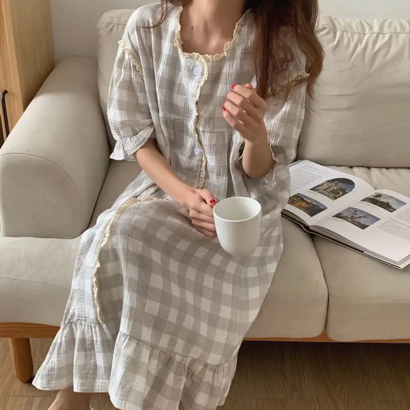 QWEEK Night Dress Women Sleepwear Korean Style Plaid Ruffles Nightgown Buttons Sleepshirt Summer Autumn Home Clothes Nightwear