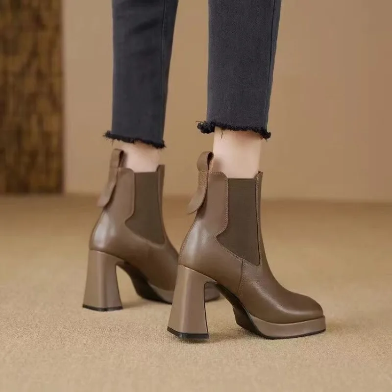 

Winter Warm Woman Ankle Boots Thick High Heel Round Head Zipper Women High Heel Shoes Elegant Leather Ladies High Heel Boots