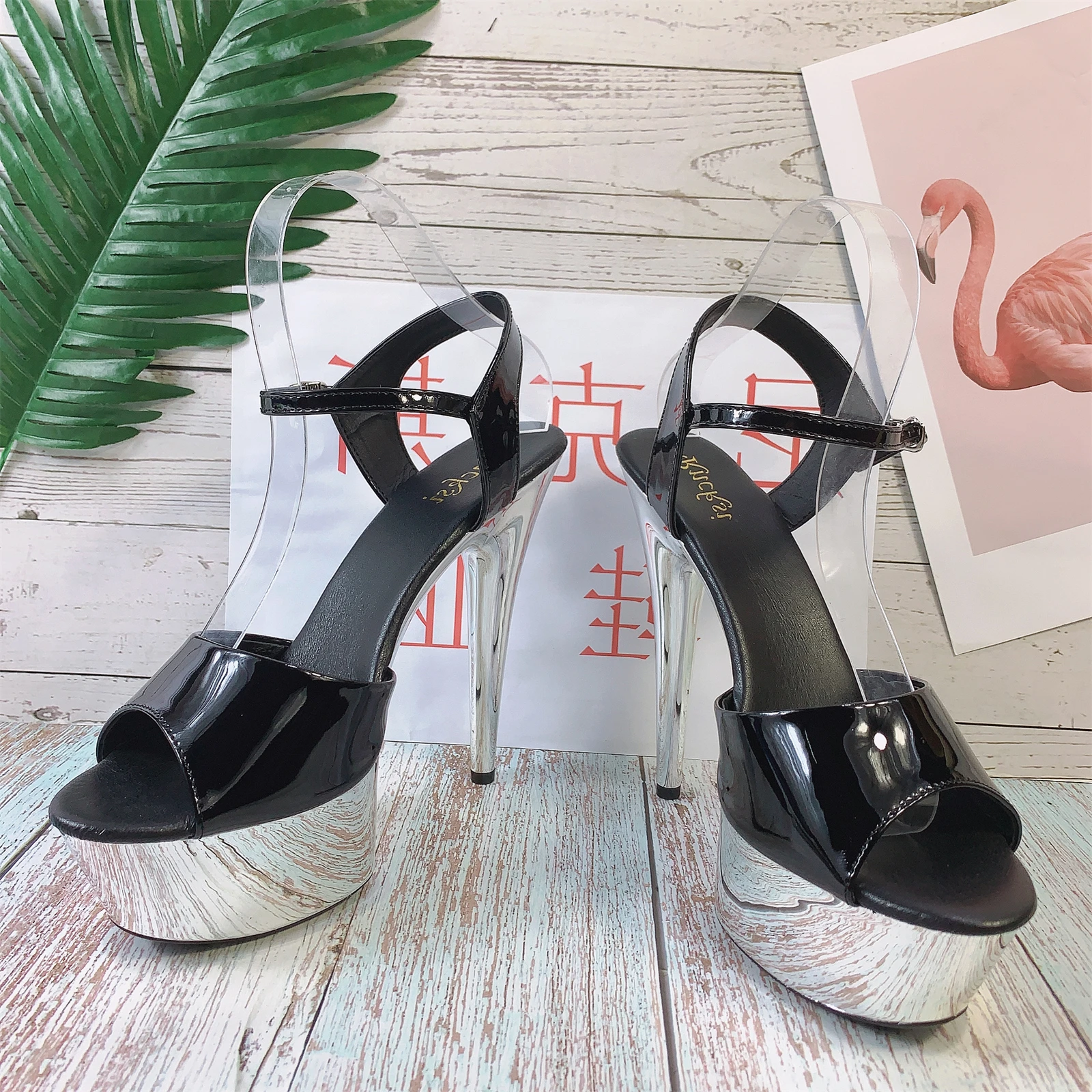 Neo Gothic Heels 15 см — черные лакированные босоножки с прозрачным каблуком с цветочным принтом и широким ремешком на щиколотке, вечерние туфли (art.: 3920cfd987e84) - 3920cfd987e84