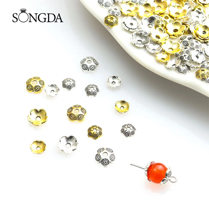 

50/100pcs Antique Silver/Gold Plated Flower Bead End Caps For Jewelry Making Needlework Alloys Spacer Beads Caps DIY Accessories