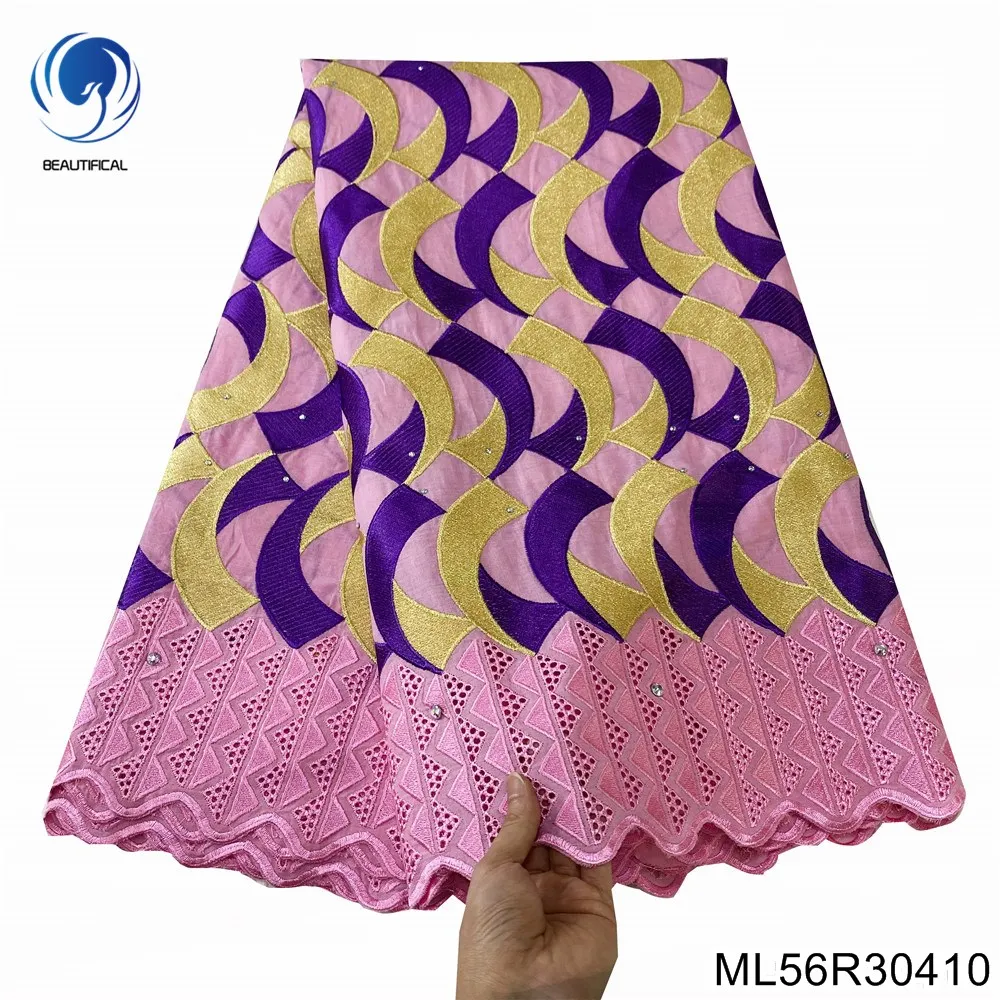 2023 New Purple Big Heavy African Wedding Cotton Fabric Stones 5 Yards High Quality Embroid Nigeria Swiss Voile Lace ML56R304