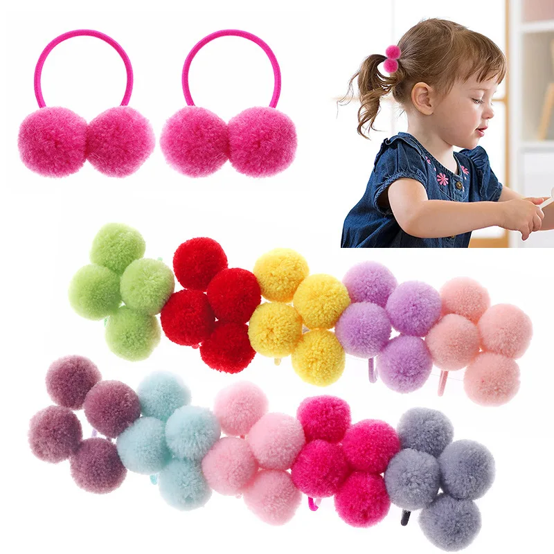 

2/10PCS Small Solid Two Fur Ball Hair ring Girls Elastic Rubber Band Hair Bands Hair Accessories Kids Headwear Cute Ornaments