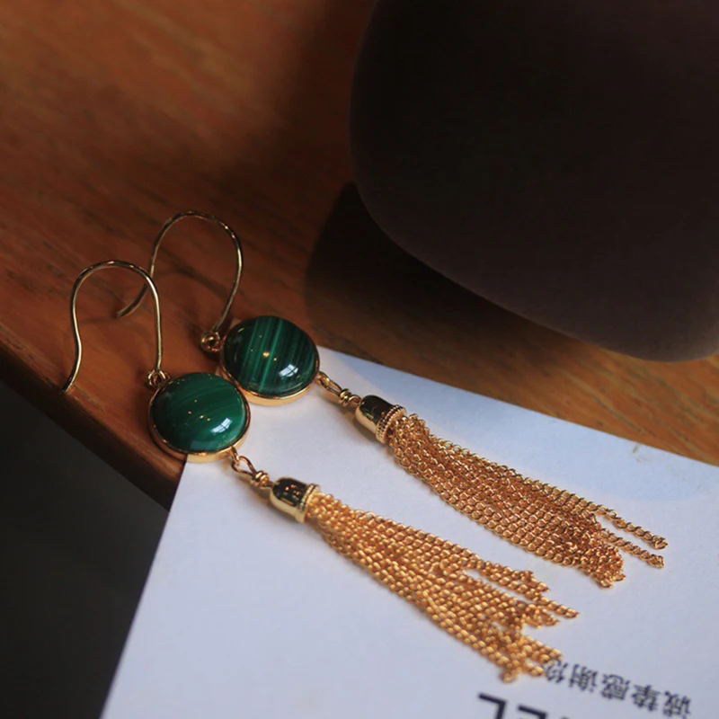 Элегантные серьги из натурального малахита серебро 925 пробы желтое золото